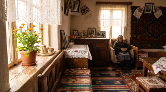 Селска стая с шарени черги, саксия с цъфнал оранжев невен на прозореца и жена, седнала в кресло до стената